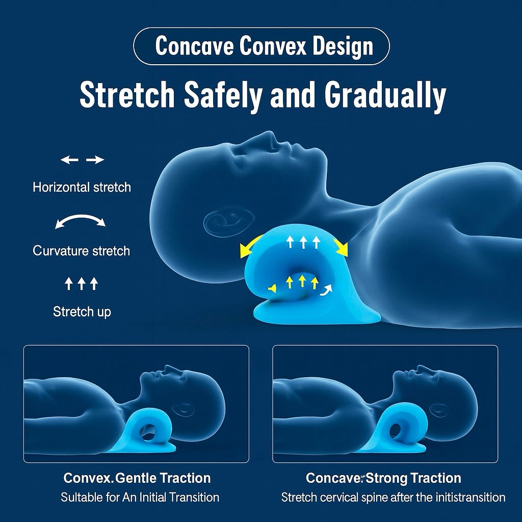 Illustration of a neck traction device with text explaining its design and usage on a blue background.
