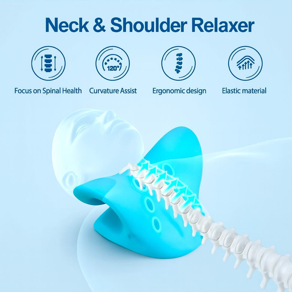 Neck and shoulder relaxer with features listed on a blue background