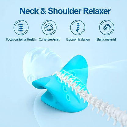 Neck and shoulder relaxer with features listed on a blue background