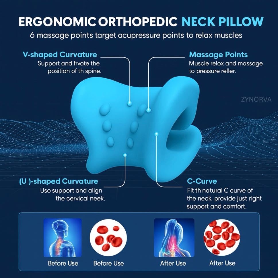 Ergonomic orthopedic neck pillow with features and benefits on a dark blue background