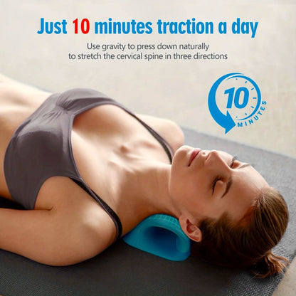 Woman using a cervical traction device with text about daily traction benefits.