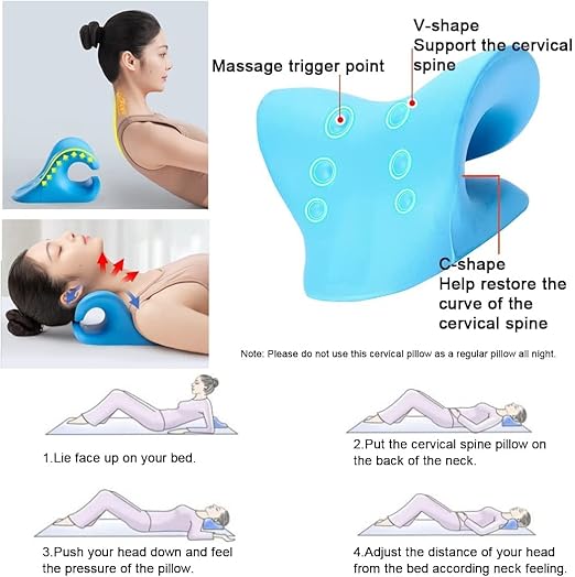 Cervical spine pillow with usage instructions and benefits on a white background