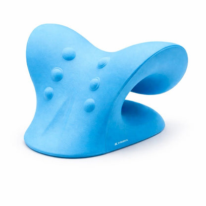 Blue neck pillow with textured surface on a white background