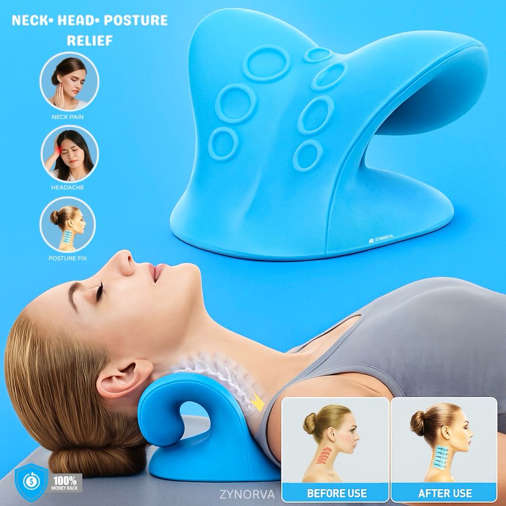 Blue neck pillow with a woman using it on a blue background, showing relief from neck pain, headaches, and poor posture.