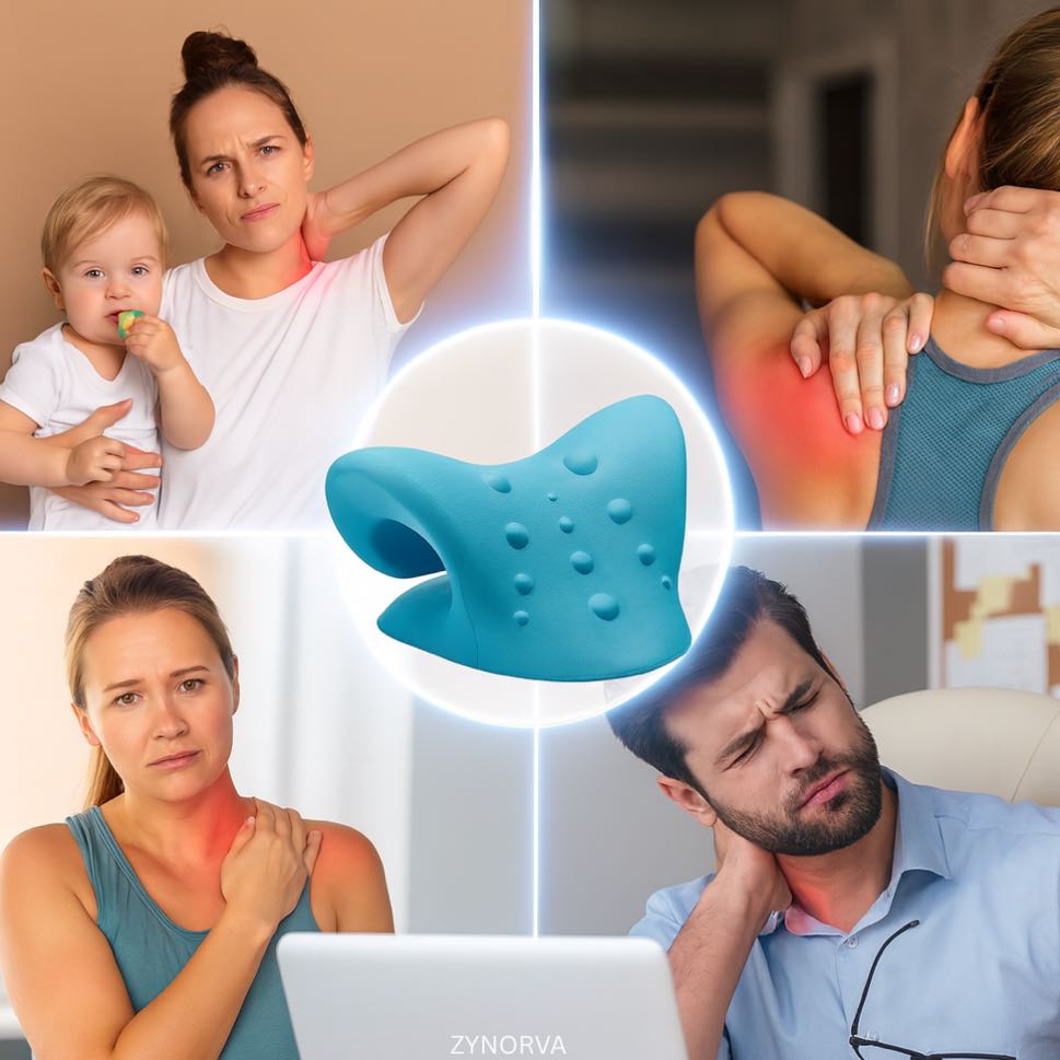 Collage of people experiencing shoulder and neck pain with a blue gel pillow in the center.