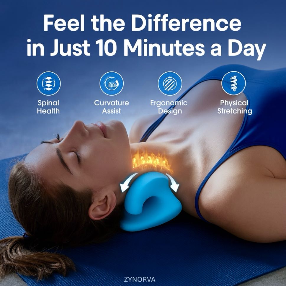 Woman using a neck device with text 'Feel the Difference in Just 10 Minutes a Day' 